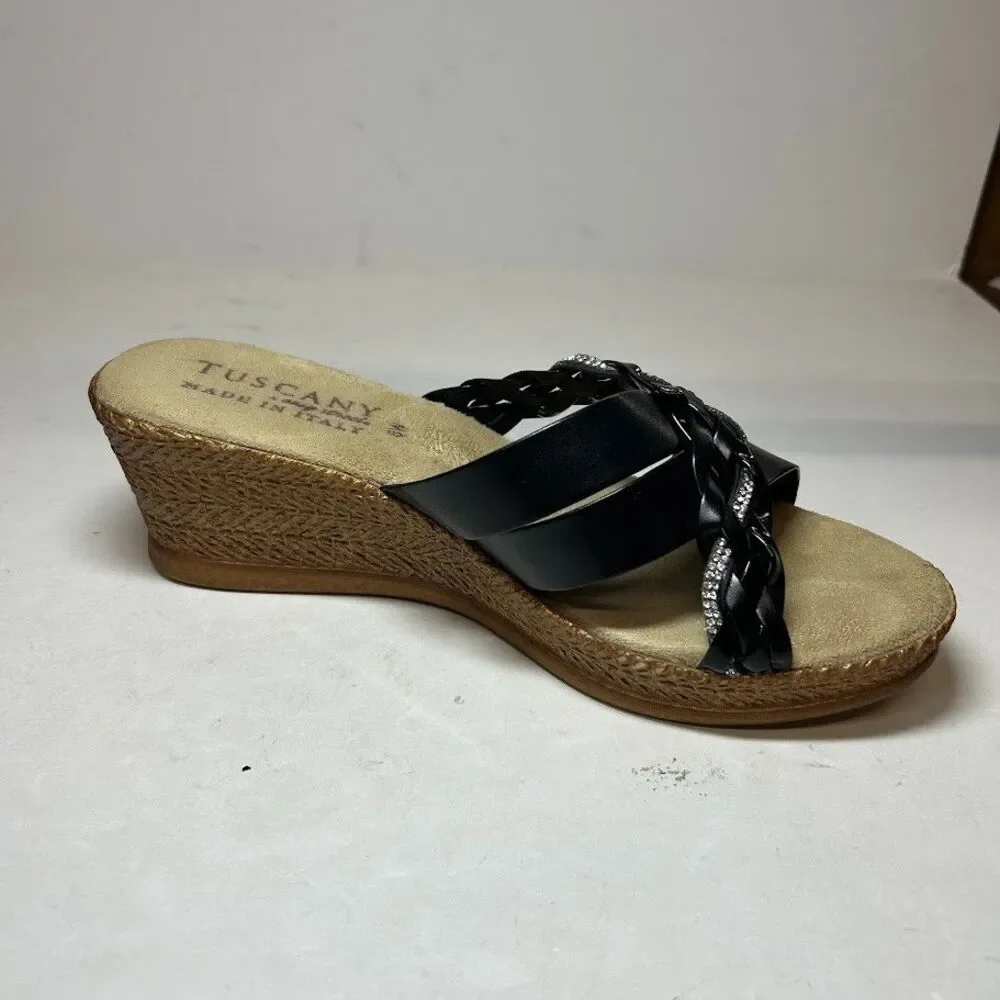 Easy Street Womens 8 W Black Patent Gessica Faux Leather Wedge Sandals NIB KS4